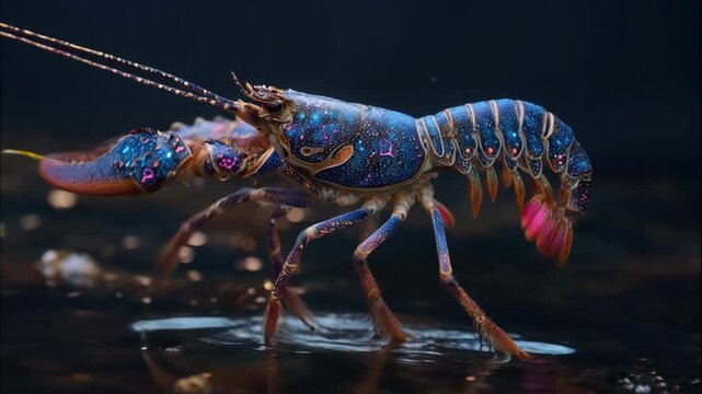 Neon blue crayfish walking across wet rock with long antennae sweeping in dark macro scene