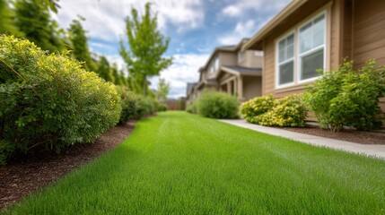 Fototapeta premium Lush Green Lawn Surrounded by Neatly Trimmed Hedges and Cozy Homes on a Bright Sunny Day Under a Clear Blue Sky