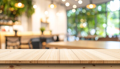 Obraz premium Wooden Table Top Close Up, Empty Wooden Counter over Blurred Kitchen Background