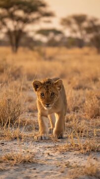 Cute Baby Lion Cub Standing in African Savanna, Golden Grass Wildlife Scene with Soft Natural Light and Shallow Depth of Field. Vertical Video