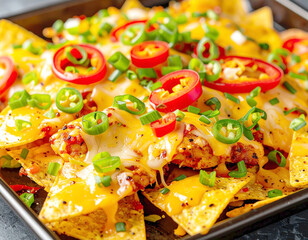 Loaded buffalo chicken nachos, cheesy, macro shot. AI