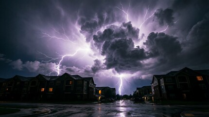 Powerful lightning storm over residential apartment buildings at night with dramatic clouds and wet street reflections