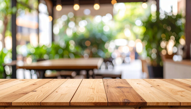 Wooden Table Top Close Up, Empty Wooden Counter over Blurred Kitchen Background