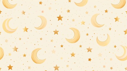 Seamless Crescent Moon and Star Ramadan Pattern in Warm Gold Beige. Minimal Crescent Moon Star Repeating Islamic Background