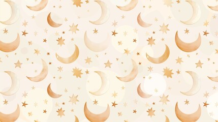 Seamless Crescent Moon and Star Ramadan Pattern in Warm Gold Beige. Minimal Crescent Moon Star Repeating Islamic Background