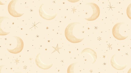 Seamless Crescent Moon and Star Ramadan Pattern in Warm Gold Beige. Minimal Crescent Moon Star Repeating Islamic Background