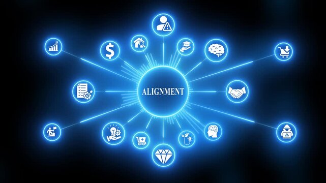 Business strategy alignment concept with glowing blue representing various aspects of company operations and goals
