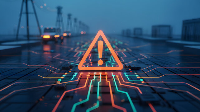 Urgent orange warning sign above glowing circuit lines on a dark digital road with blurry 