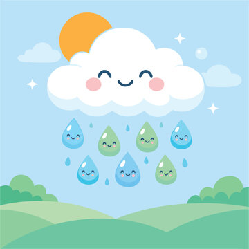 Cute flat vector illustration of a smiling cloud raining happy water drops over green hills. 