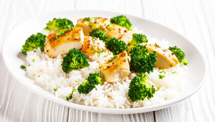 Chicken chunks, broccoli with white rice, white dish, closeup. AI