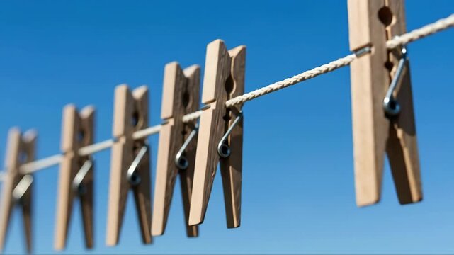 Clothespins sway gently on clothesline under clear blue sky