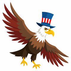 Obraz premium American Bald Eagle flying wearing an Uncle Sam hat celebrating Independence Day USA on 4th of July. Patriotic American Symbol of Freedom and Strength.Vector colorful illustration on white background
