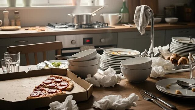Cozy kitchen morning with leftover pizza and sunlit breakfast scene