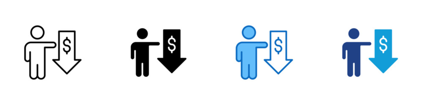 Income Reduction Multiple Style Icon Design Vector - Person with dollar arrow down representing salary decrease, income reduction, and personal financial pressure