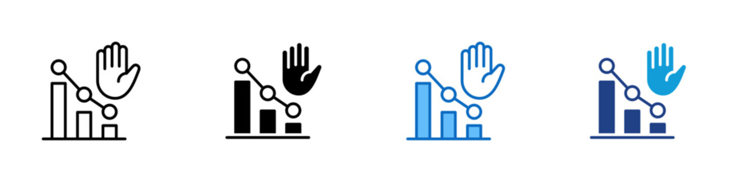 Risk Control Multiple Style Icon Design Vector - Bar chart with connected line and raised hand representing risk prevention, compliance stop, and intervention