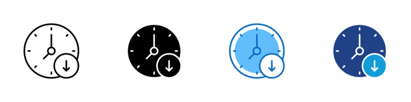 Time Reduction Multiple Style Icon Design Vector - Clock with downward arrow representing time decrease, deadline pressure, and faster processing