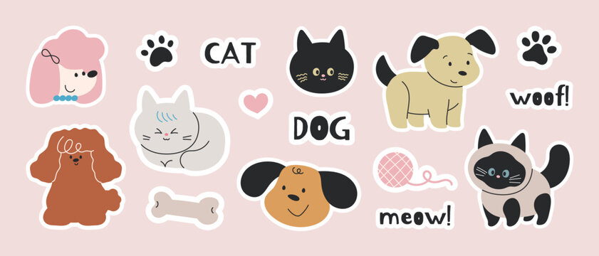 Cat and dog sticker collection.Trendy hand drawn vector illustration.