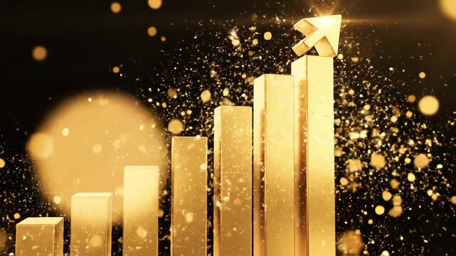 Gold bar chart showcasing upward trend toward immense financial success and positive economic growth, representing path to accumulating wealth and investment profit
