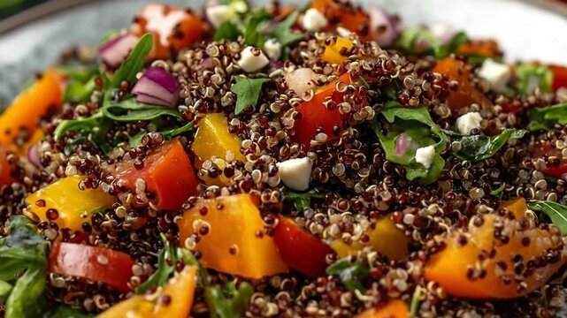 A vibrant quinoa salad with fresh vegetables and feta cheese.