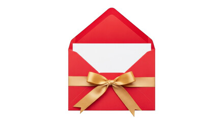 Red open envelope with elegant gold bow and blank card, a removed backdrop image.