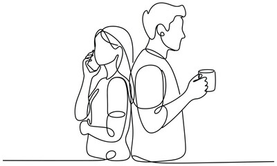 Couple back to back with one on phone and other holding coffee cup