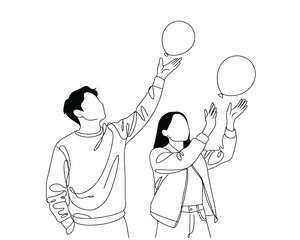 Couple enjoying playing with balloons together isolated on transparent background