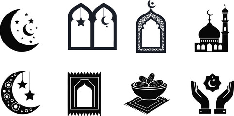 Naklejka premium Islamic Ramadan Symbols Including Moon Mosque Windows And Prayer Mat muslim
