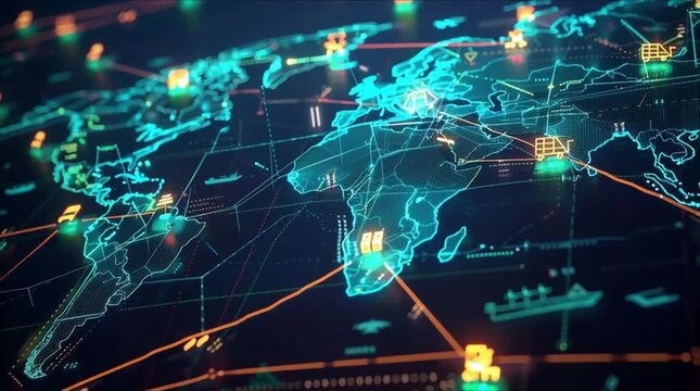 Global logistics network with dynamic data streams and transport icons on world map (AI Generated)