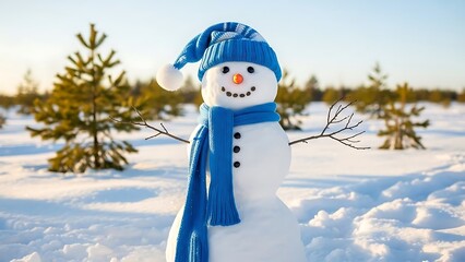 Snowman in Winter Landscape with Blue Hat and Scarf.