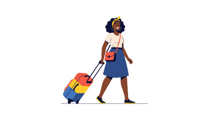 Fototapeta premium Confident young woman walking and pulling a bright colorful rolling suitcase while traveling alone on a white background.