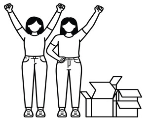 Two women with arms raised near empty boxes