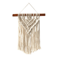 Beautiful handcrafted ivory macrame wall hanging featuring intricate knot work suspended from a natural wooden dowel on transparent background