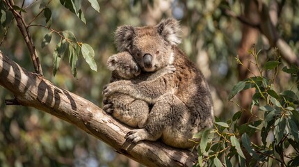 Fototapeta premium Adorable Koala Mother and Baby Joey Cuddling Together in a Eucalyptus Tree Branch