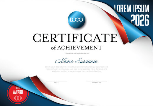 Professional Certificate of Achievement Template with Blue and Red Accents