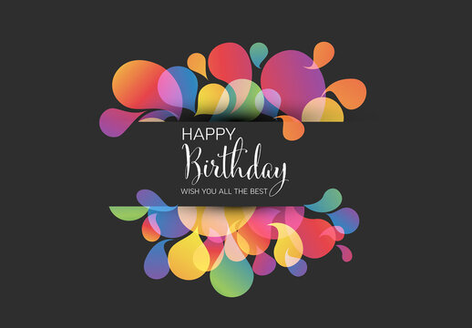 Happy Birthday Greeting Card with Colorful Abstract Shapes on Black Background