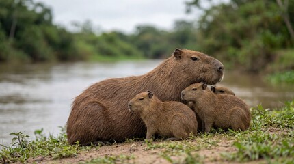 Adult Capybara with its Adorable Pups Resting by a Riverbank in a Natural Habitat