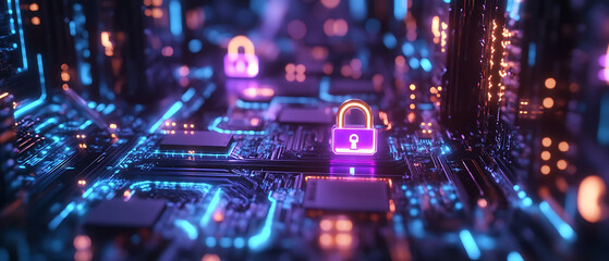 Fototapeta premium High-tech security interface, glowing padlocks rising from a digital circuit terrain, purple base tones with cyan data streams and golden light sparks, 