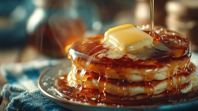 A delectable stack of golden pancakes, drizzled with warm, rich syrup and topped with a melting pat of butter, inviting you to a moment of pure culinary bliss.