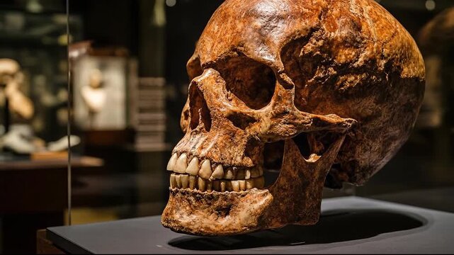 Close-up of an ancient skull displayed in a museum setting.