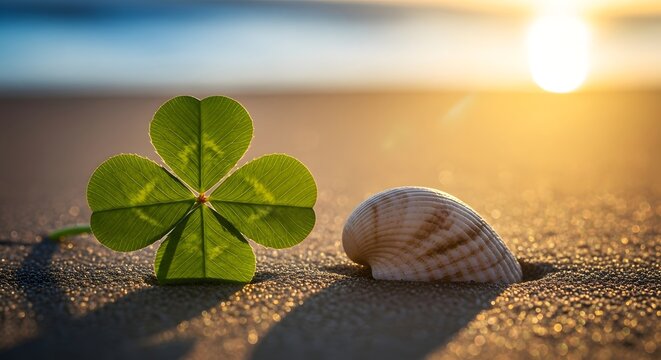 Serene beach scene with four leaf clover and seashell at sunset