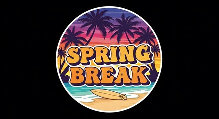 Spring Break Beach Scene with Surfboard.