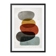 Abstract contemporary wall art featuring a stacked composition of organically shaped, muted earth-toned, overlapping pebbles on transparent background
