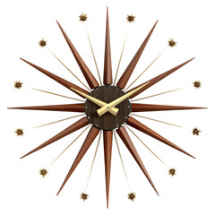 Mid-century modern sunburst wall clock featuring rich walnut wood rays and brass starburst accents on transparent background