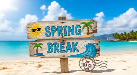 Spring Break Sign on Tropical Beach.