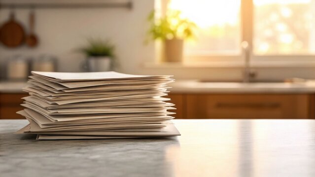 Stacked Utility Bills on Kitchen Counter in Warm Sunlight
