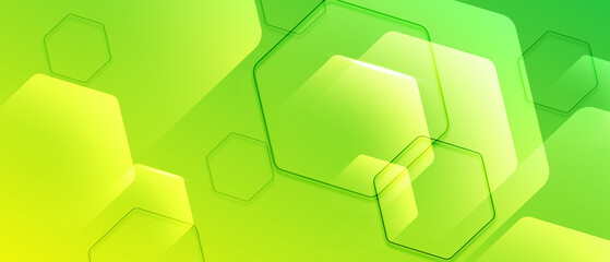 Modern abstract green technology background featuring layered geometric shapes, soft gradients, and hexagon line patterns