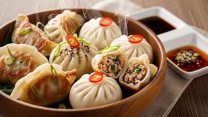 Steamed Dumplings with Dipping Sauce Served.