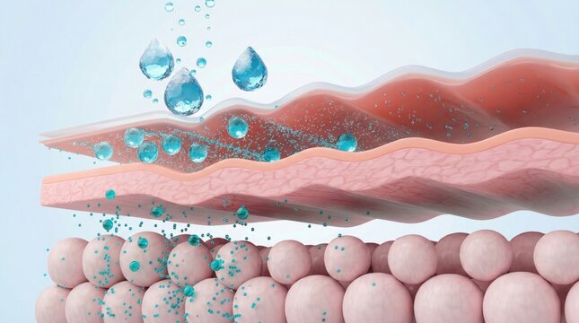 3D illustration of skin layers absorbing water molecules,representing hydration,dermatology,cosmetic care and skincare science for product advertising and education