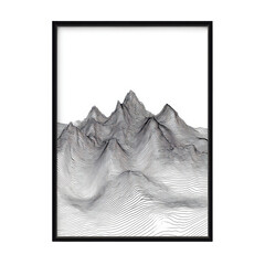 Minimalist topographic line art depicting a jagged mountain range contour in high contrast black and white on transparent background