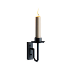 Minimalist black wrought iron wall sconce holding a single flickering taper candle with warm glowing light on transparent background